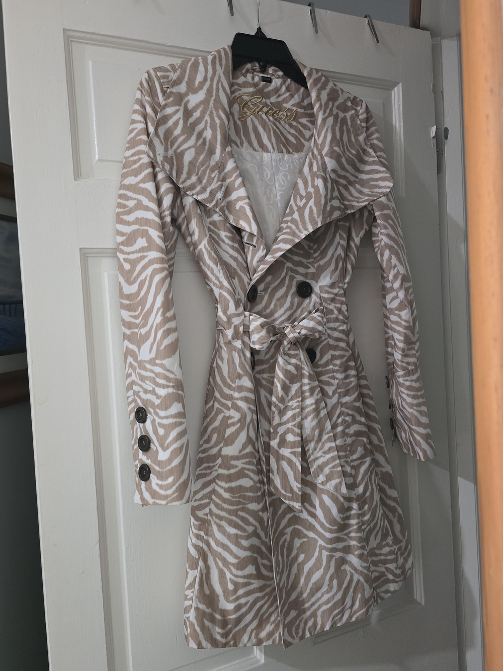 Guess Beige and Cream Zebra-Print Jacket with Gold Logo